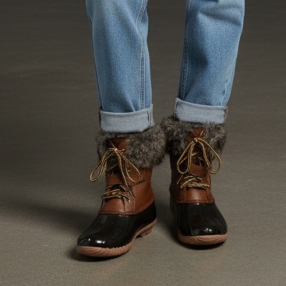 Brown and Black Duck Boots with Fur Trim - Picture 9 of 9